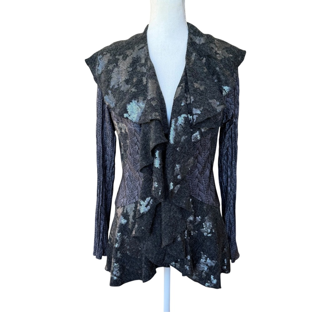 Alberto Makali Sequin Ruffle Open Front Cardigan Gray Mixed Media Size L